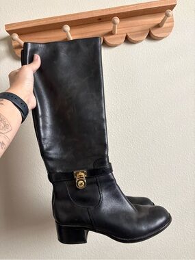 Michael Kors Black Leather Tall Boots with Gold MK Lock